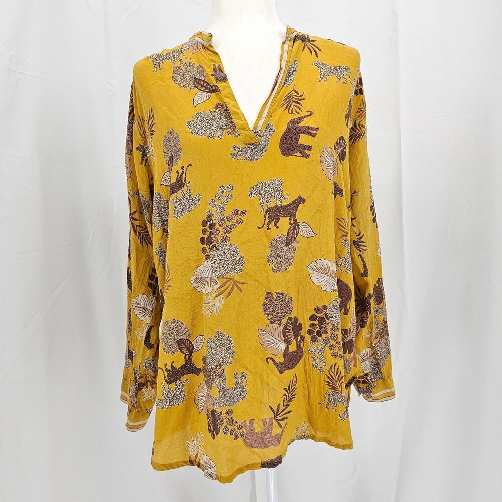 Johnny Was Leopard Animal Print 100% Silk Shirt Tunic Top Pullover Sz M Safari
